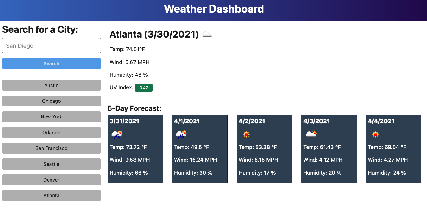 City Weather Dashboard project webpage image